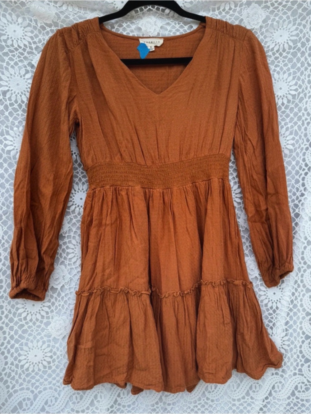 Promesa Rust Orange Long-Sleeve Tiered Midi Dress